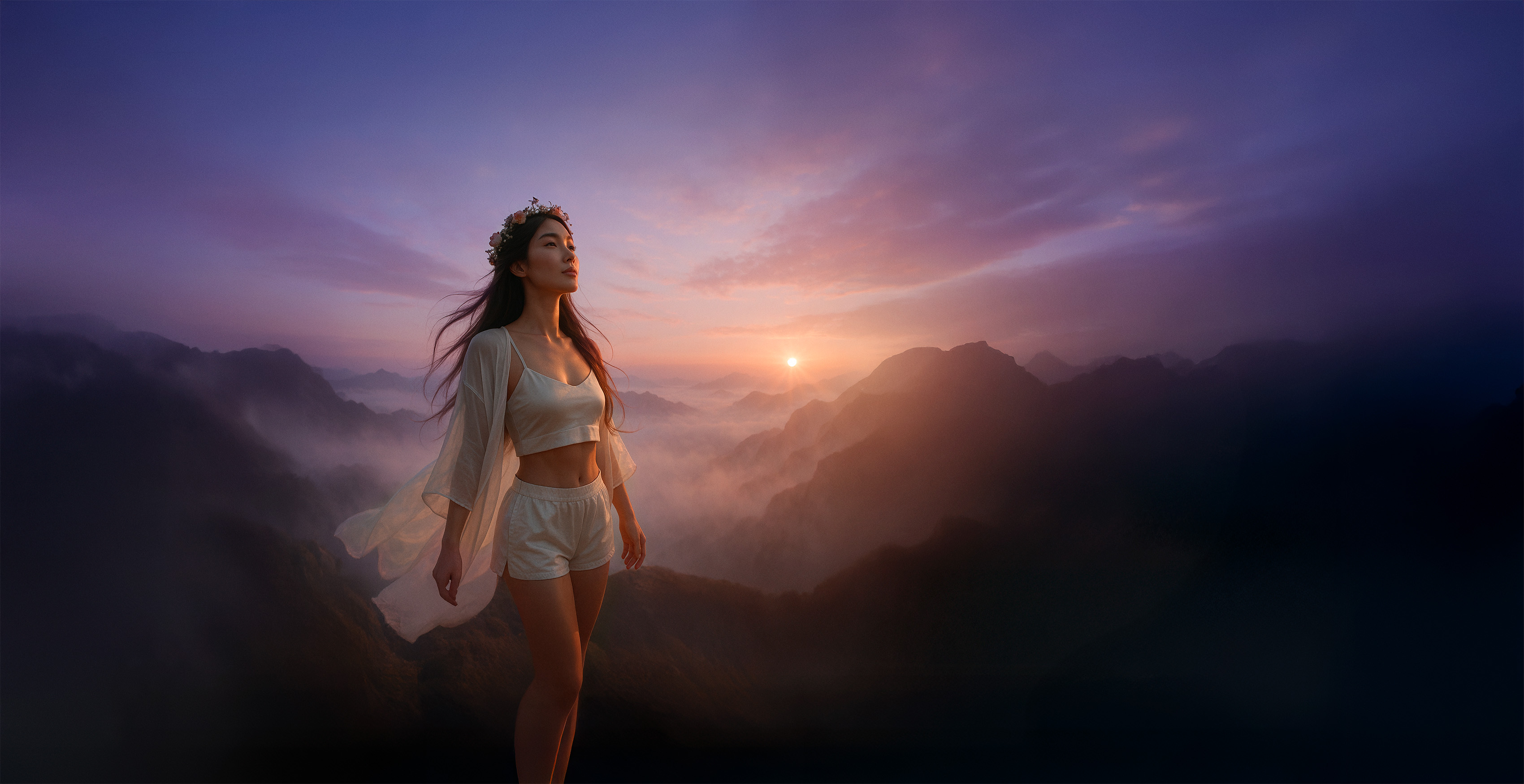 A woman looking toward a sunrise over the mountains